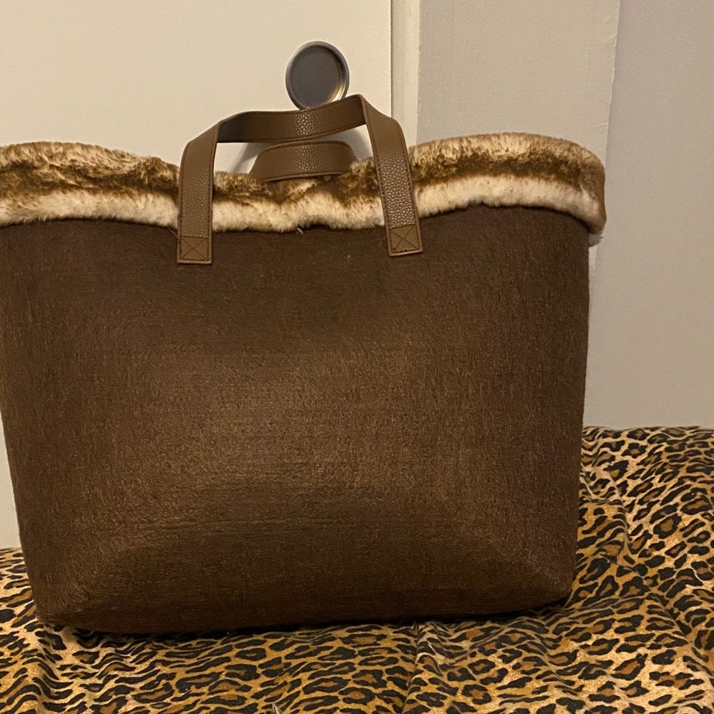 Brown Faux Fur Trim Tote Bag
